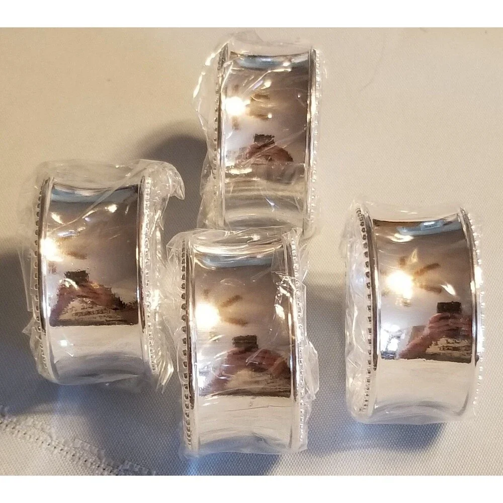 Set of 4 Silver‑Tone Beaded Napkin Rings – Classic & Elegant
